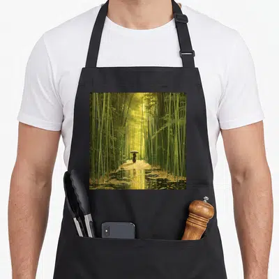 Tablier de cuisine noir avec une silhouette sous parapluie dans une forêt de bambous dorés et verts.