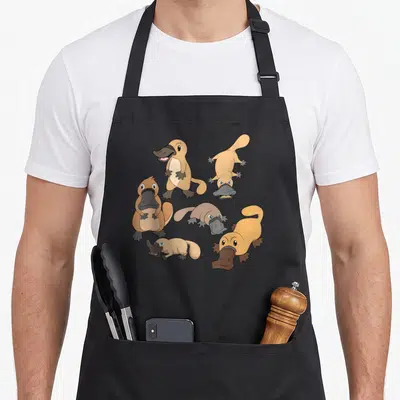 Tablier de cuisine noir avec six ornithorynques mignons aux expressions variées et au design cartoon.