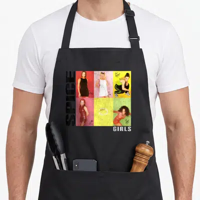 Tablier de cuisine noir avec collage Spice Girls signatures et portraits aux couleurs vives