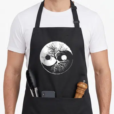 Tablier de cuisine noir avec un arbre blanc dont les branches et racines forment un cercle Yin Yang épuré.