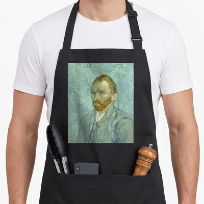 Tablier de cuisine noir avec reproduction de l'Autoportrait de Van Gogh en tons verts et bleus.