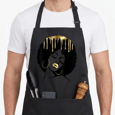 Tablier de cuisine noir avec illustration femme afro Melanin Drip lèvres et cheveux dorés