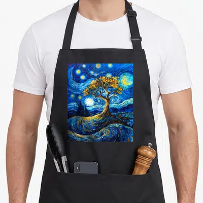 Tablier de cuisine noir avec un arbre doré sur fond de ciel étoilé bleu tourbillonnant style peinture à l'huile.
