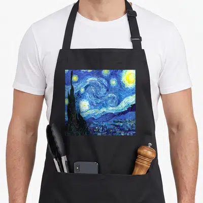 Tablier de cuisine noir avec reproduction de la Nuit étoilée et texte Grand artiste Mignon.