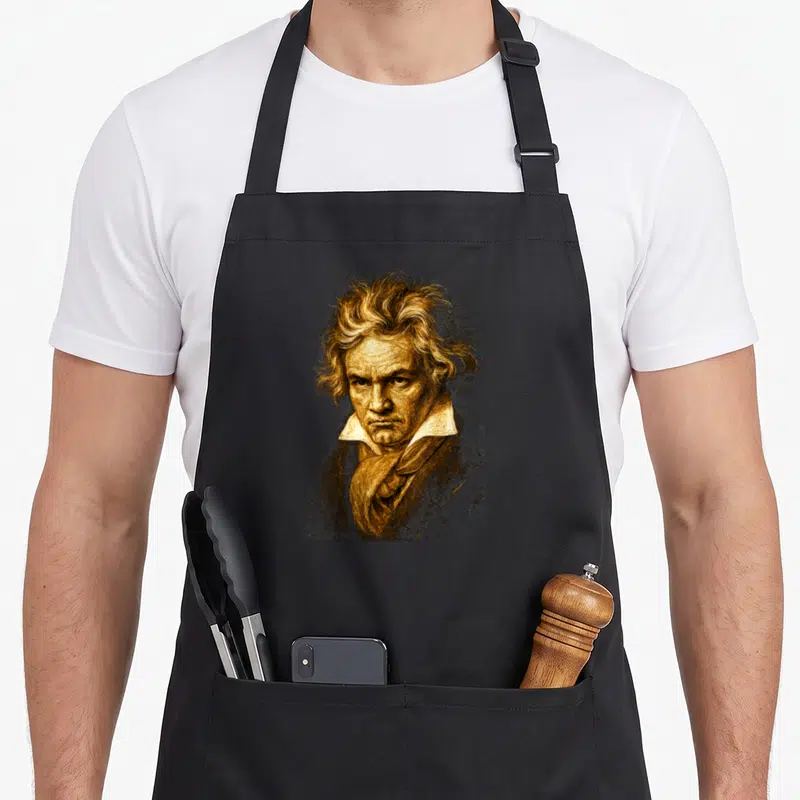 Tablier de cuisine noir avec portrait gravé de Ludwig Van Beethoven aux cheveux démesurés et regard intense.