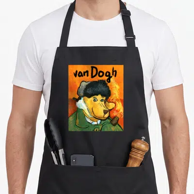 Tablier de cuisine noir avec un autoportrait en chien van Gogh fumant la pipe sur fond orange.