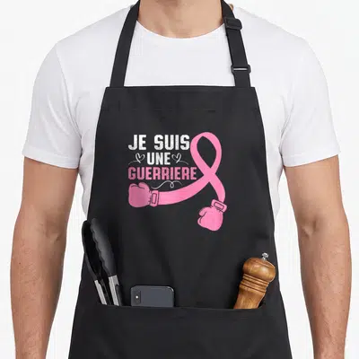 Tablier de cuisine noir avec inscription Je suis une guerrière et gant de boxe rose stylisé.