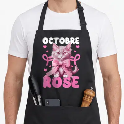 Tablier de cuisine noir avec un chat rose portant un grand nœud et le texte Octobre Rose.