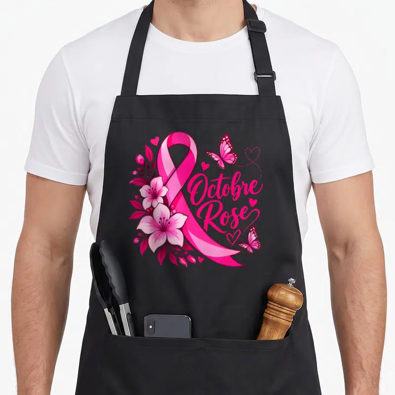 Tablier de cuisine noir avec un grand ruban rose, des fleurs, des papillons et l'inscription Octobre Rose en calligraphie.
