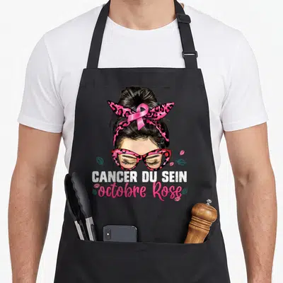 Tablier de cuisine noir avec illustration femme ruban papillon rose léopard et texte Cancer du Sein octobre Rose