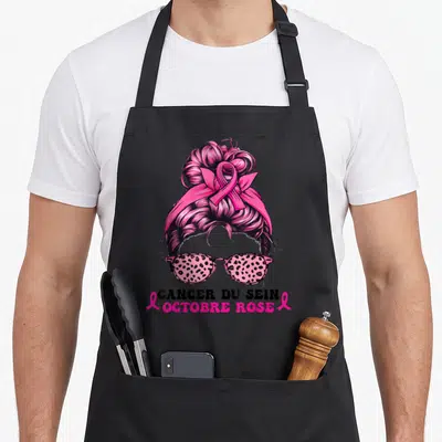 Tablier de cuisine noir avec illustration chignon ruban rose lunettes léopard et texte Cancer du Sein Octobre Rose