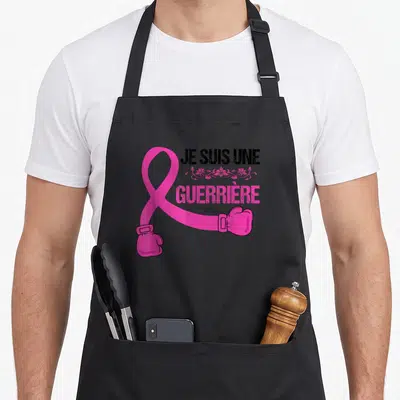 Tablier de cuisine noir avec un ruban rose transformé en gant de boxe et le texte Je suis une guerrière du cancer.