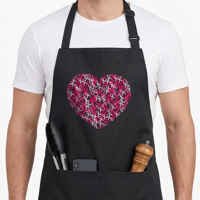 Tablier de cuisine noir avec un grand cœur composé de multiples rubans roses superposés.