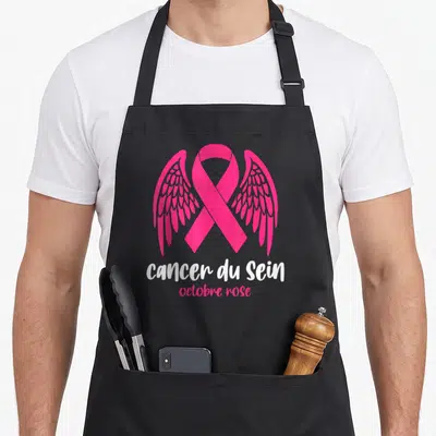 Tablier de cuisine noir avec un ruban rose aux ailes et le texte cancer du Sein octobre rose imprimé en blanc et rose.