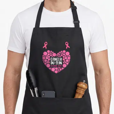 Tablier de cuisine noir avec un cœur de fleurs roses, deux rubans et le texte Cancer du Sein Octobre Rose imprimé au centre.