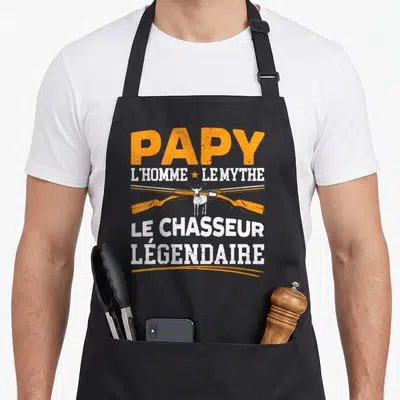 Tablier de cuisine noir avec inscription Papy l'homme le mythe le chasseur légendaire et illustration de cerf.