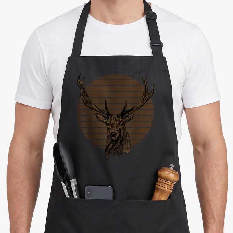 Tablier de cuisine noir avec tête de cerf aux bois imposants sur fond circulaire strié marron