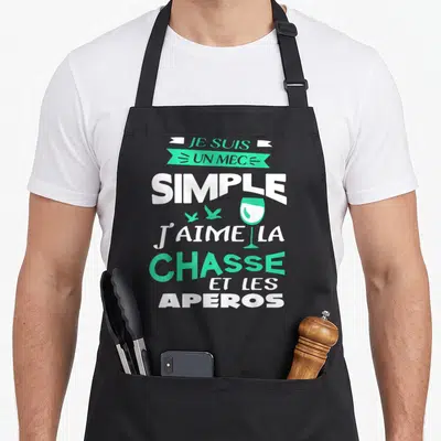 Tablier de cuisine noir avec inscription Je suis un mec simple j'aime la chasse et les apéros en blanc et vert menthe.