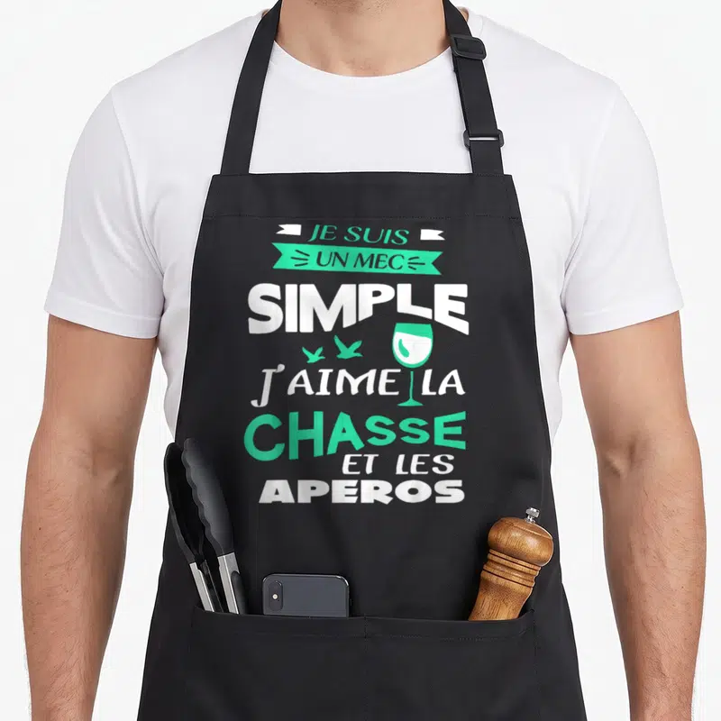 Tablier de cuisine noir avec inscription Je suis un mec simple j'aime la chasse et les apéros en blanc et vert menthe.