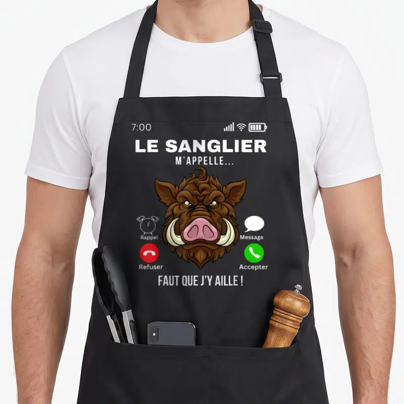 Tablier de cuisine noir avec illustration d'un sanglier sur fond d'écran de téléphone mobile.