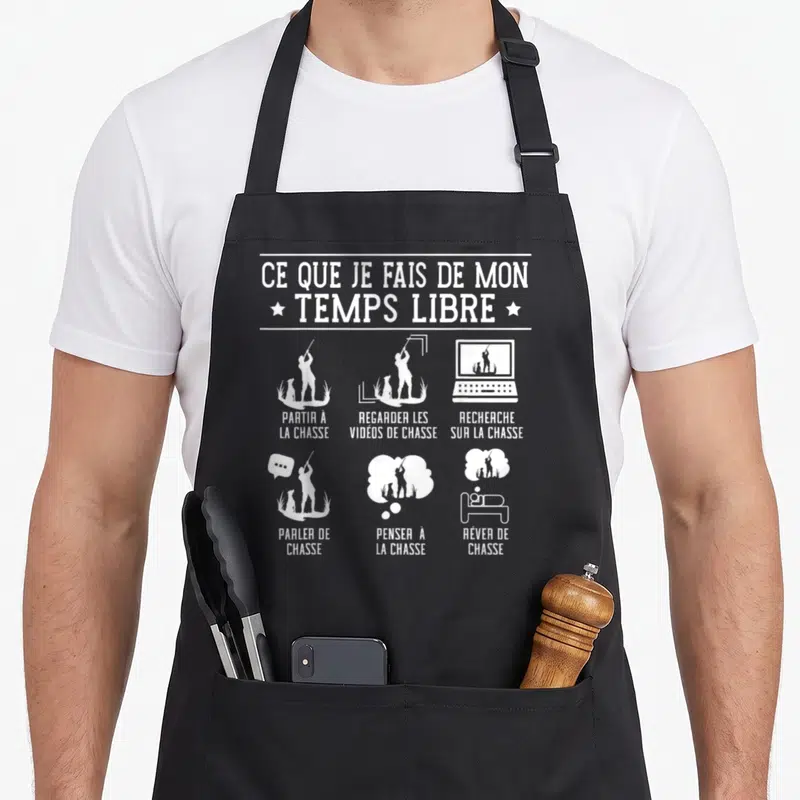 Tablier de cuisine noir avec six silhouettes blanches représentant des activités liées à la chasse et au temps libre.