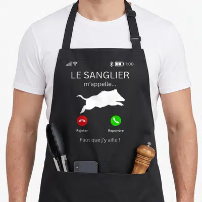 Tablier de cuisine noir avec illustration d'un appel téléphonique de sanglier en silhouette blanche.