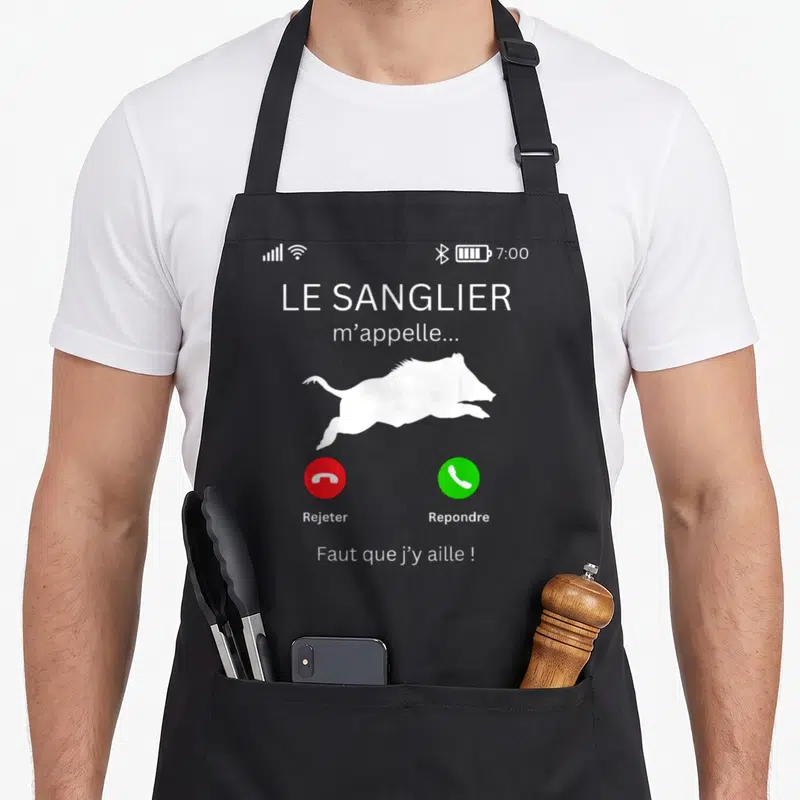 Tablier de cuisine noir avec illustration d'un appel téléphonique de sanglier en silhouette blanche.