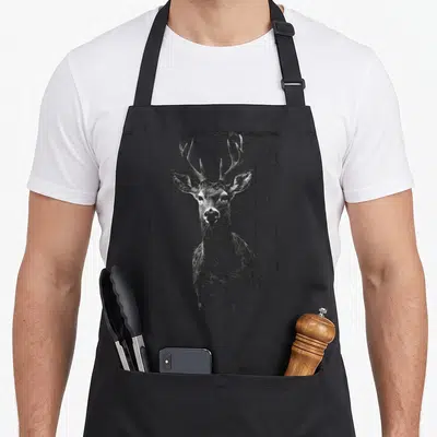 Tablier de cuisine noir avec illustration grise d'un cerf aux bois détaillés dans un cadre rectangulaire texturé.