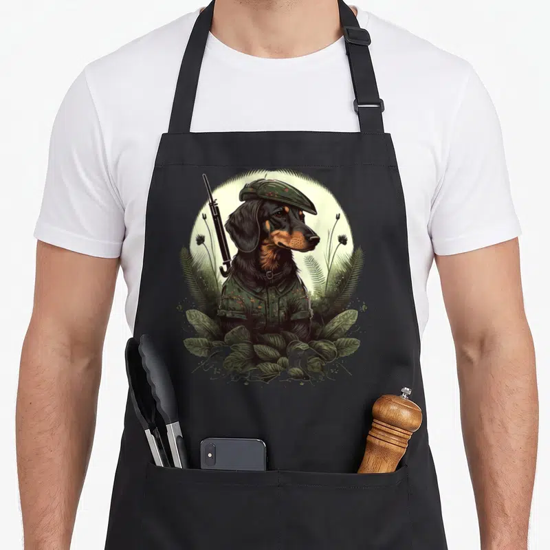 Tablier de cuisine noir avec illustration d'un teckel en tenue de chasse portant un béret et une carabine.