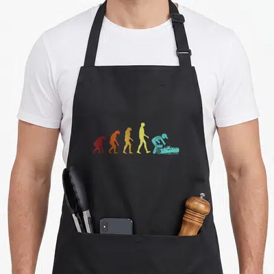 Tablier de cuisine noir avec silhouette évolutive colorée terminée par un personnage utilisant une tondeuse à gazon bleue.