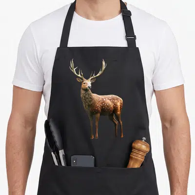 Tablier de cuisine noir avec illustration réaliste d'un cerf rouge aux bois de cerf et taches blanches sur le flanc.