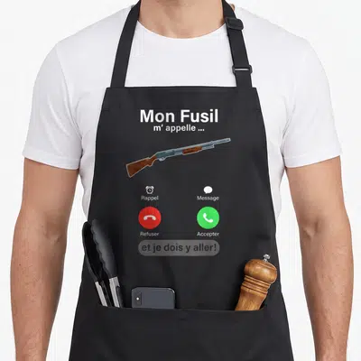 Tablier de cuisine noir avec illustration de fusil et boutons d'appel téléphonique