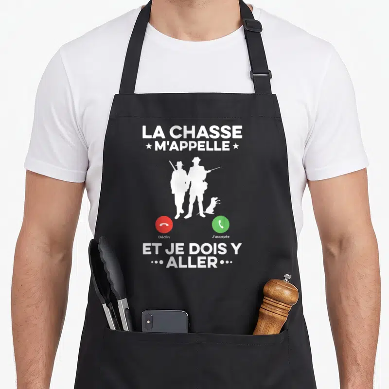 Tablier de cuisine noir avec silhouettes de chasseurs et boutons d'appel téléphonique blancs et colorés.