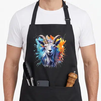 Tablier de cuisine noir avec illustration colorée d'un cerf en art abstrait et éclats de peinture.