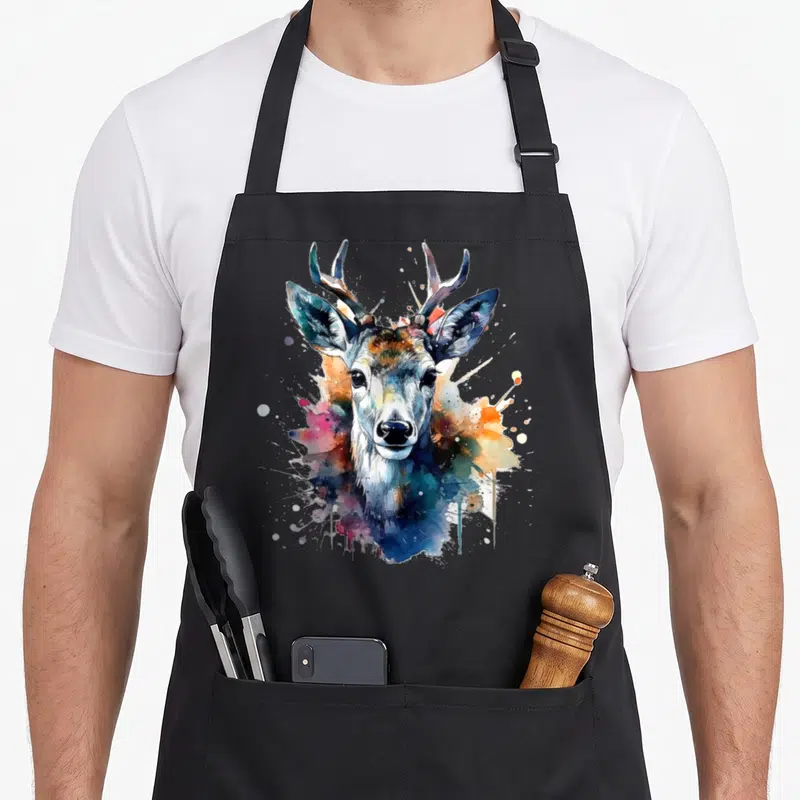 Tablier de cuisine noir avec un portrait de cerf stylisé en aquarelle aux couleurs vives et éclaboussures artistiques.