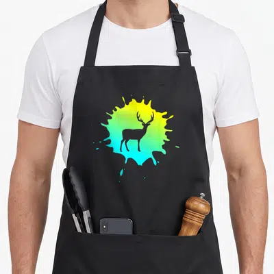 Tablier de cuisine noir avec silhouette de cerf sur éclaboussure dégradée jaune vert et cyan