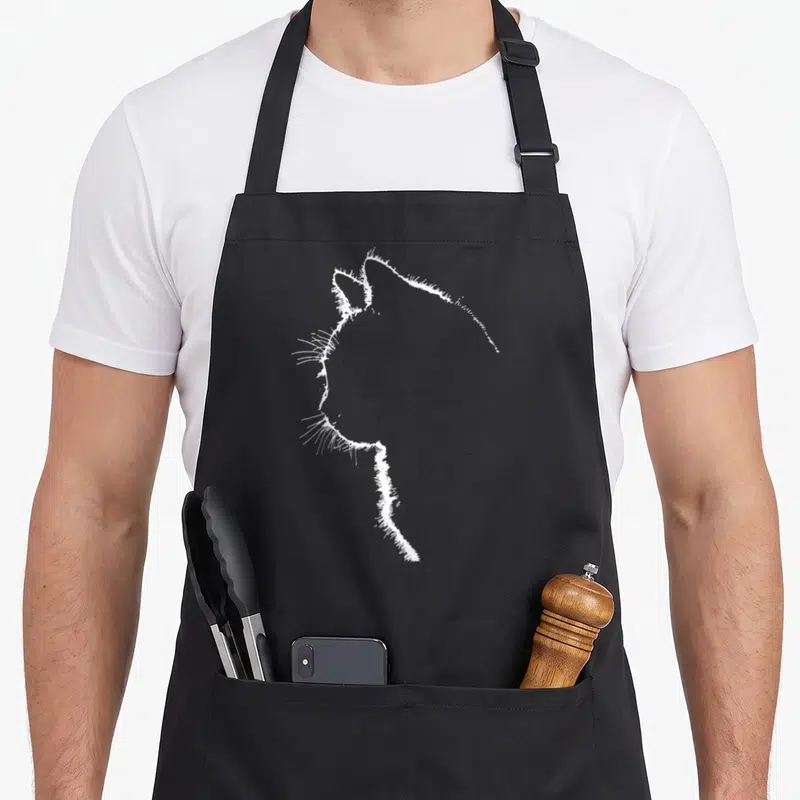 Tablier de cuisine noir avec illustration blanche au trait fin représentant le profil stylisé d'un chat aux oreilles pointues et aux poils hérissés.