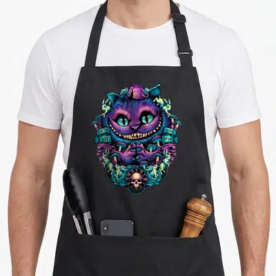 Tablier de cuisine noir avec illustration colorée du Chat du Cheshire entouré de lapins et de champignons.