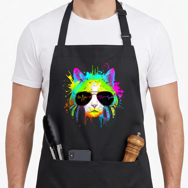 Tablier de cuisine noir avec illustration d'un chaton aux couleurs vives portant des lunettes de soleil à ondes sonores.