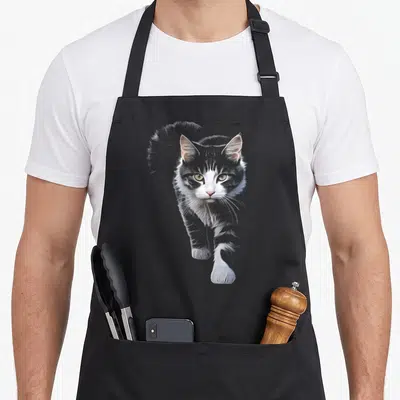 Tablier de cuisine noir avec illustration détaillée d'un chat tigré et blanc marchant vers l'avant