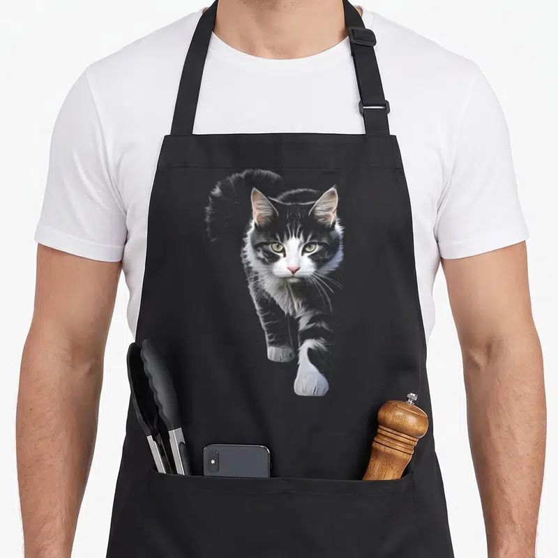 Tablier de cuisine noir avec illustration détaillée d'un chat tigré et blanc marchant vers l'avant