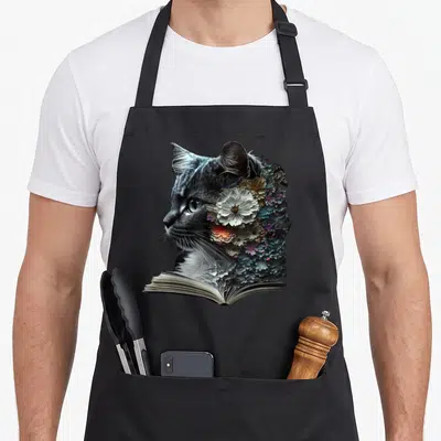 Tablier de cuisine noir avec illustration d'un chat noir sortant d'un livre ouvert rempli de fleurs variées.