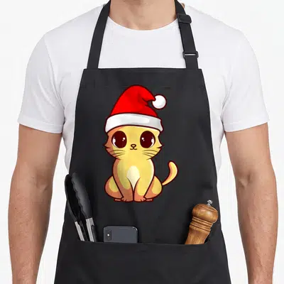 Tablier de cuisine noir avec illustration d'un chaton orange au regard doux coiffé d'un chapeau de Père Noël rouge et blanc.