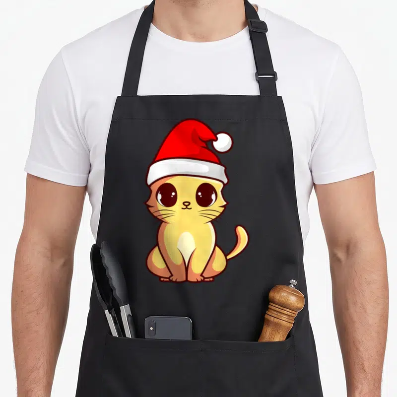 Tablier de cuisine noir avec illustration d'un chaton orange au regard doux coiffé d'un chapeau de Père Noël rouge et blanc.