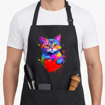 Tablier de cuisine noir avec illustration d'un chat aux couleurs de l'arc-en-ciel tenant un cœur rouge vif au centre du torse.