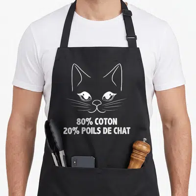 Tablier de cuisine noir avec un dessin blanc de tête de chat et le texte 80% coton 20% poils de chat