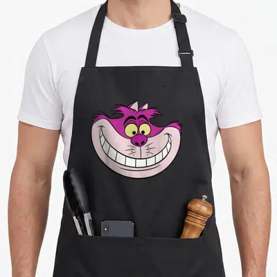 Tablier de cuisine noir avec le visage souriant du Chat du Cheshire aux teintes violettes et roses vives.