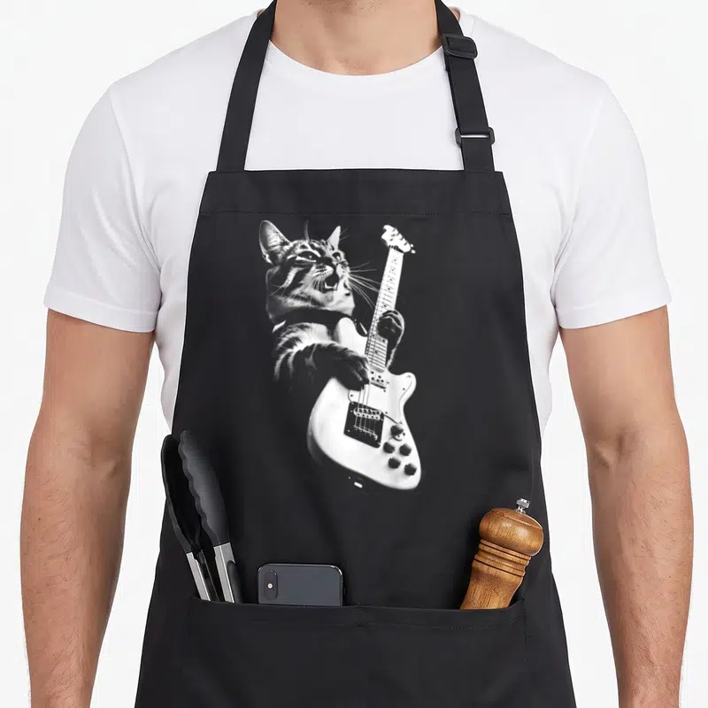 Tablier de cuisine noir avec illustration d'un chat tabby jouant d'une guitare électrique blanche en position de rock star.
