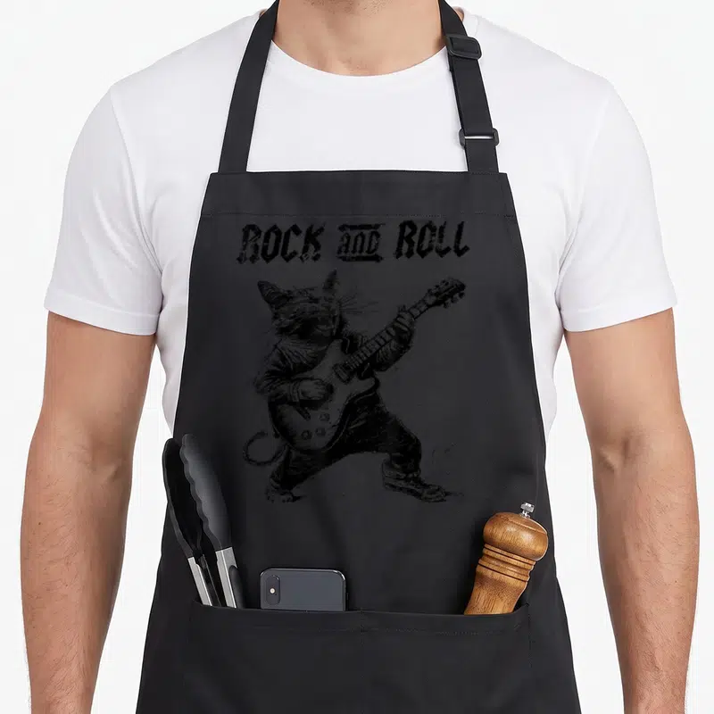 Tablier de cuisine noir avec illustration d'un chat guitariste rock en tenue vintage.
