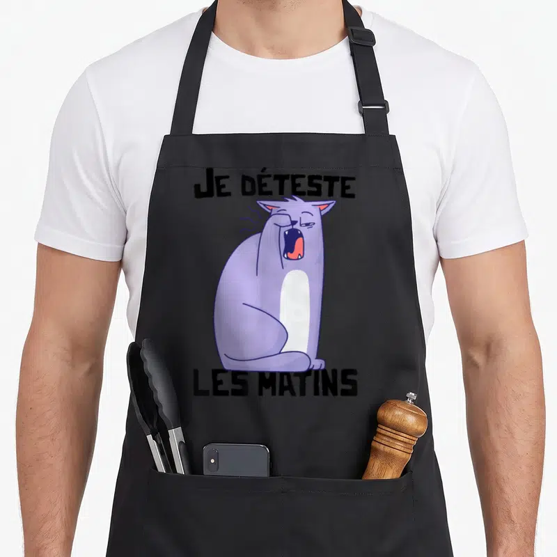Tablier de cuisine noir avec un chat violet qui bâille et le texte Je déteste les matins imprimé en noir.
